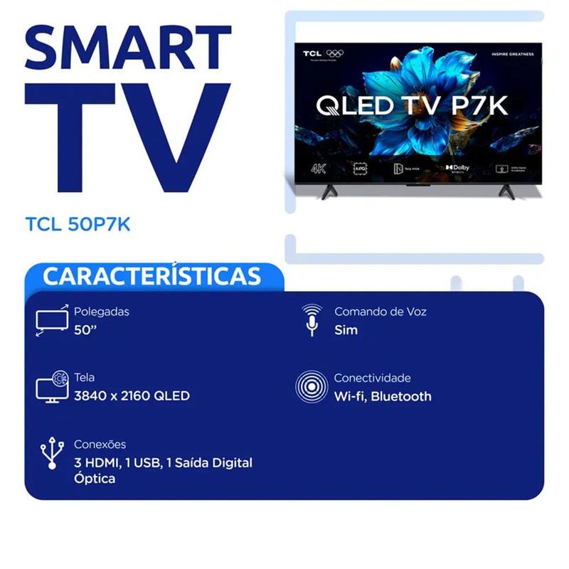 Smart TV TCL QLED 50 Polegadas 4K HDR10 HDMI Wi-Fi 50P7K - TV 4K